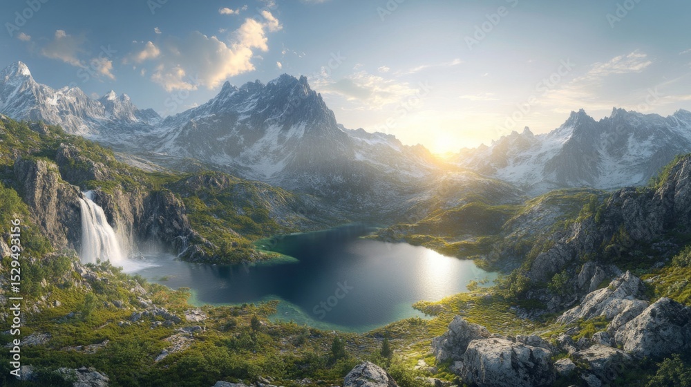 Obraz premium Mountain Lake Landscape with Waterfall at Sunrise