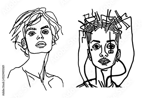 hand drawn linear portraits of women in modern style