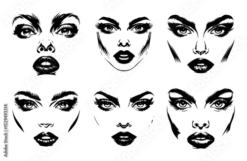 female facial expressions in graphic black and white style