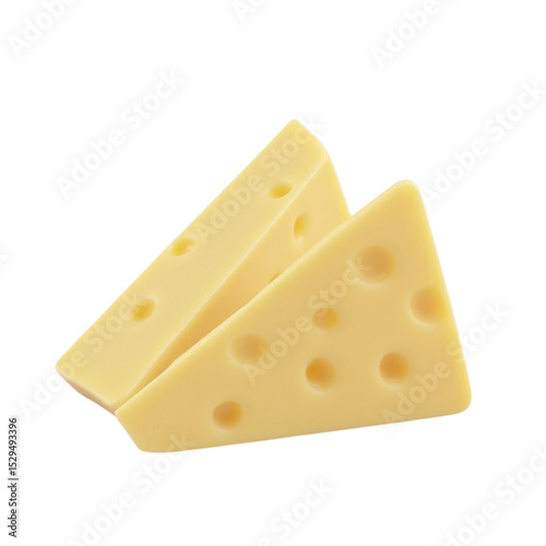 Two realistic triangular slices of delicious yellow cheese isolated on a transparent background. This is a PNG file.