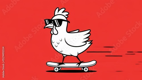 Cool Chicken Skateboarding on Red Background