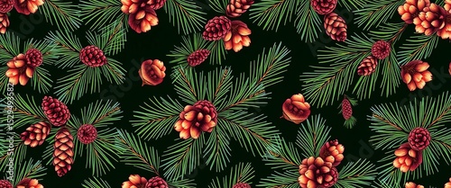 Hand-drawn vector seamless pattern of pine branches and cones ,  branches,  repeat