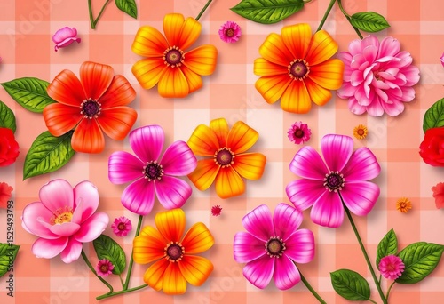 Happy retro flowers in pink & orange checkered background seamless pattern,  cheerful,  textile