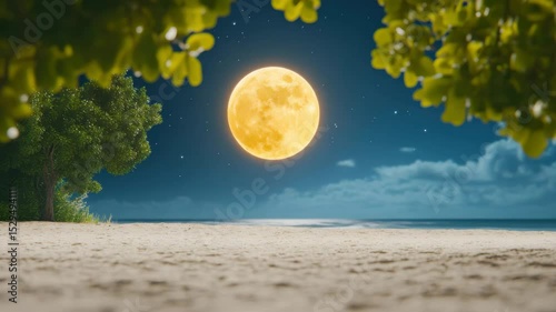 Serene beach scene at night with glowing full moon illuminating sandy shore, surrounded by lush green trees and starry sky, creating tranquil and magical atmosphere in nature outdoors.