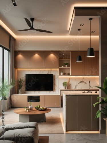 Living room interior design with modern furniture ceiling fan and lighting contemporary home decor for interior design inspiration

