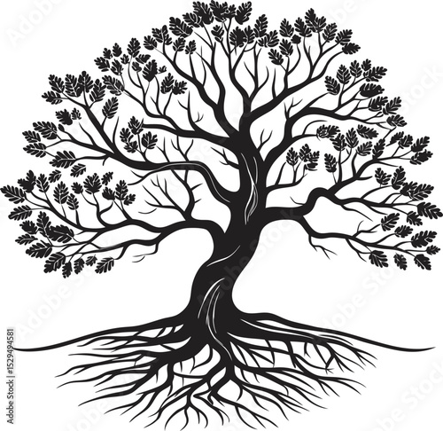 This collection of black and white silhouette images displays various trees, some with exposed roots, in different styles.