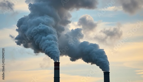 Industrial smokestack emitting thick grey smoke into polluted sky,  chimney,  environment