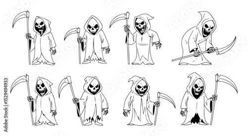 cartoon grim reaper with scythe vector illustrations