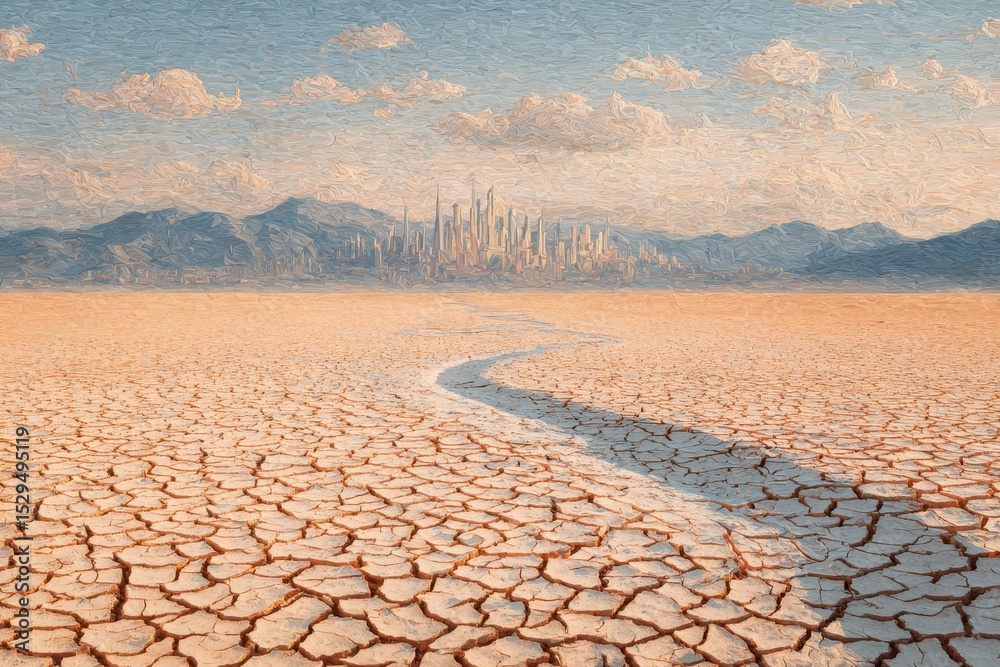 Fototapeta premium Dried cracked earth, distant city, mountains