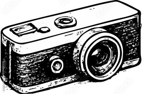 Sleek analog compact camera design with centered lens and symmetrical casing, styled in solid sketch