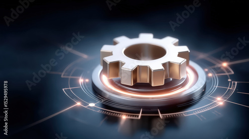 Metallic gear sits at center of futuristic digital interface, symbolizing technology and innovation. glowing elements and dark background create high tech atmosphere