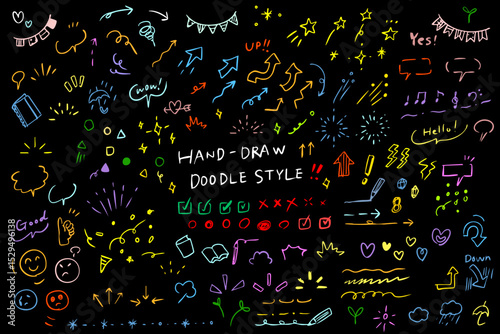 Line hand drawn brush marker underline, highlight, star element color kid set. Hand drawn sketch marker underline shape, arrow, star scribble brush pen stroke highlight element. Vector illustration