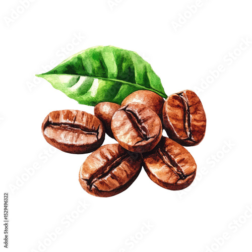 Aromatic Watercolor Coffee Beans with Leaf