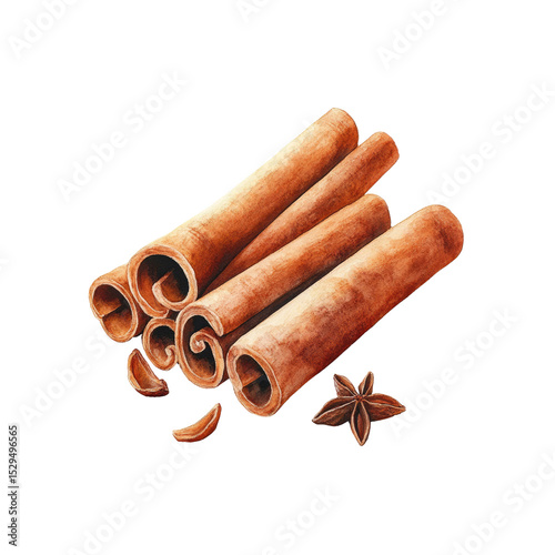 Aromatic Cinnamon Sticks and Star Anise Watercolor Illustration