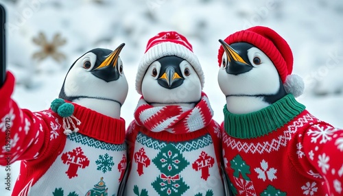 Three penguins in Christmas sweaters take a selfie Happy winter birds, funny polar animals, holiday snapshot, december, snapshot
