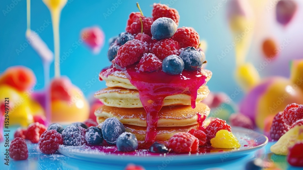 Fototapeta premium Yummy stack of pancakes garnished with berries and sauce, photographed on a smooth blue backdrop