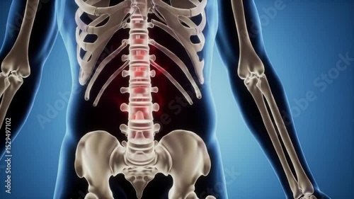 Medical animation showing the lower spine with red-highlighted vertebrae indicating pain or inflammation — suitable for sciatic pain, back injury, or spinal health topics.

 photo