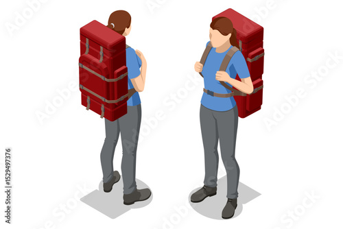 Isometric Tourist with a backpack. Hiker with equipment trekking. A woman carry a rucksack or knapsack in a journey. Trekking, outdoor adventure, travel planning
