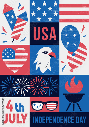 4th of July vertical geometric poster in retro style with symbols of USA Independence day. Vector illustration in white, red, blue colors with fireworks< balloons, and United States flag
