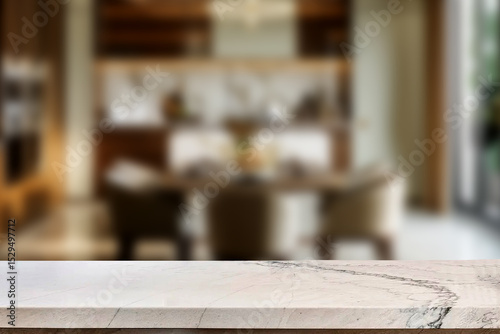 Empty marble top table with blurred kitchen interior Background. for product display
