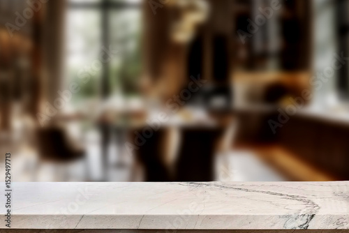 Empty marble top table with blurred kitchen interior Background. for product display