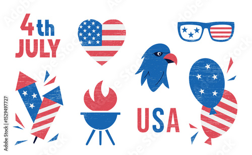 4th July festive vector big set isolated on white. USA Independence Day elements in white, red, blue colors with bald eagle, fireworks, rockets, barbecue, grill, heart, balloons, sunglasses