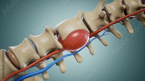 3D medical animation showing a herniated disc pressing on spinal nerves from a lateral view — ideal for back pain, orthopedic conditions, and spinal anatomy education.

 photo