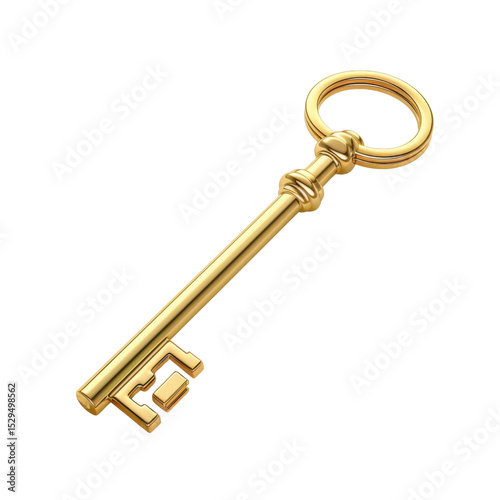 Shiny golden key with circular handle and unique design at end, symbolizing access and security. This elegant key can represent various themes such as mystery, opportunity, and unlocking potential