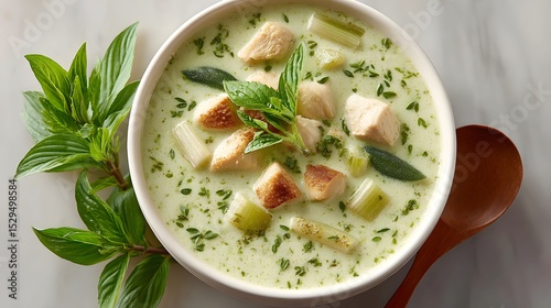 Creamy chicken soup with herbs and chunks of chicken in a white bowl on a marble surface