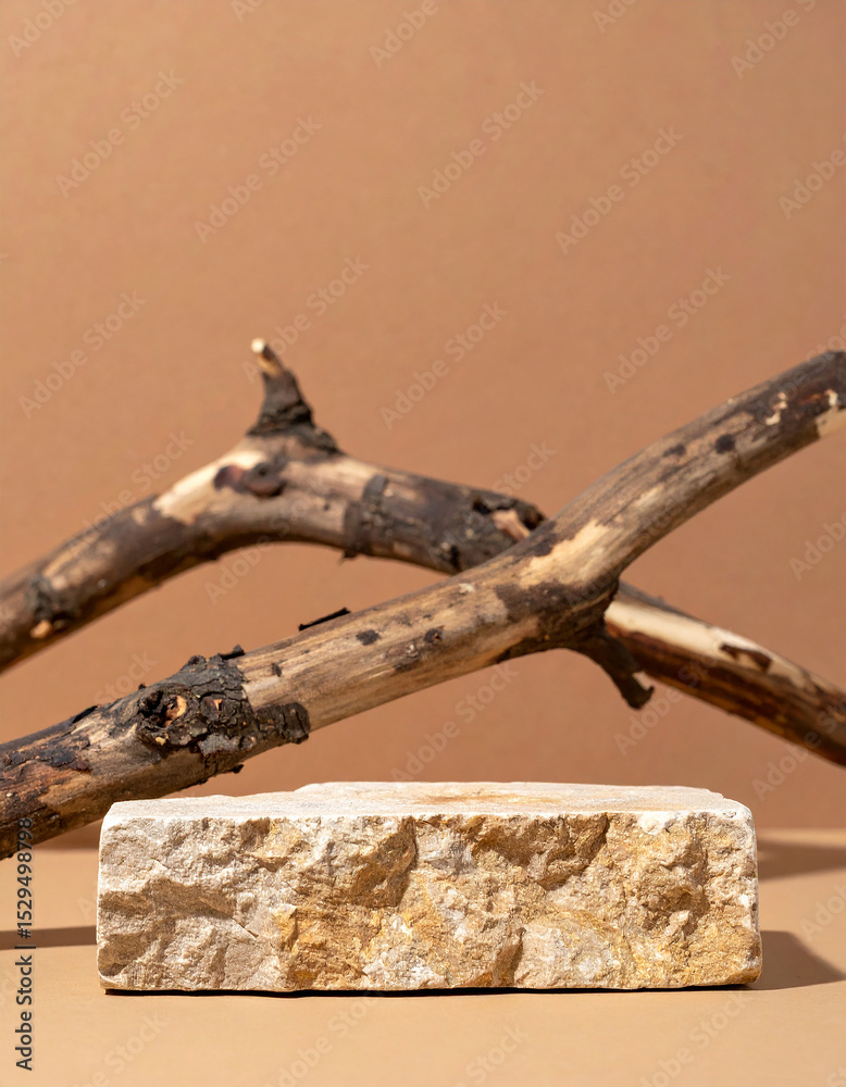 Fototapeta premium Stone pedestal and dry tree branch. Podium for product presentation. Minimalist design. Mock-up.
