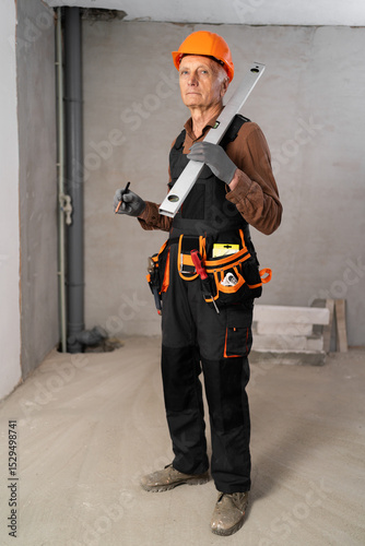 Elderly builder with tool belt holding wall measuring level and pencil looking at camera kindly. House construction and renovation