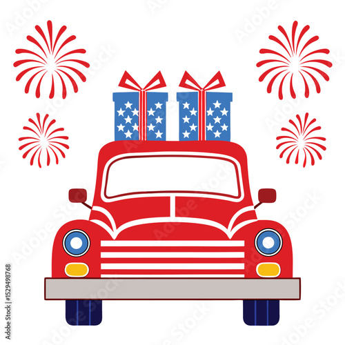 USA Independent Day Celebration with Truck, Presents, and Fireworks for July Fourth