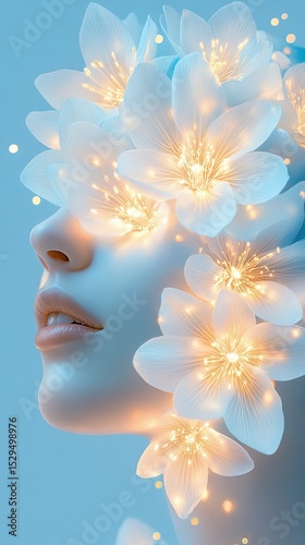 Ethereal Portrait with Floral Accents and Soft Glowing Lights