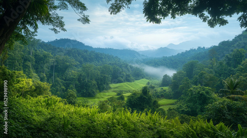 A wide panoramic view of lush green forest captures the serene beauty of unspoiled nature