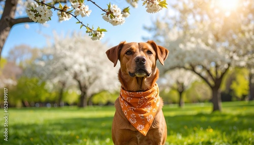 Dog With Orange Bandana In Springtime Park