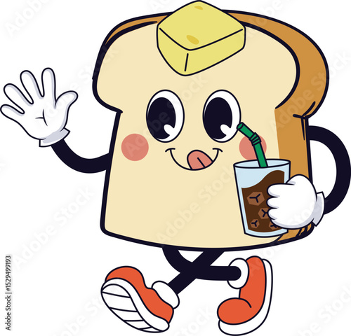 A cute illustration of a buttered toast character walking with a drink in hand, perfect as a fun breakfast mascot.