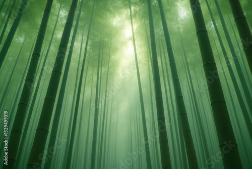 Misty green bamboo forest with tall stalks reaching upward into diffused sunlight, creating a tranquil and serene natural atmosphere