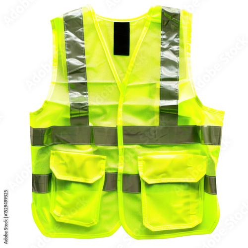 High visibility safety vest designed for protection and visibility in various environments. This bright yellow vest features reflective strips and multiple pockets for convenience and utility
