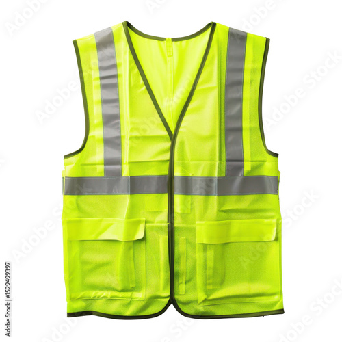 High visibility safety vest designed for protection and visibility in various environments. This bright yellow vest features reflective stripes and multiple pockets for convenience