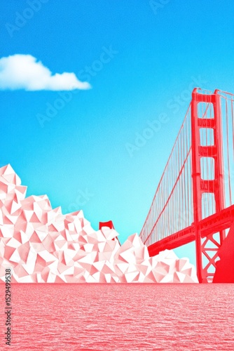 Abstract Red Bridge and Geometric Pink Forms Under Blue Sky