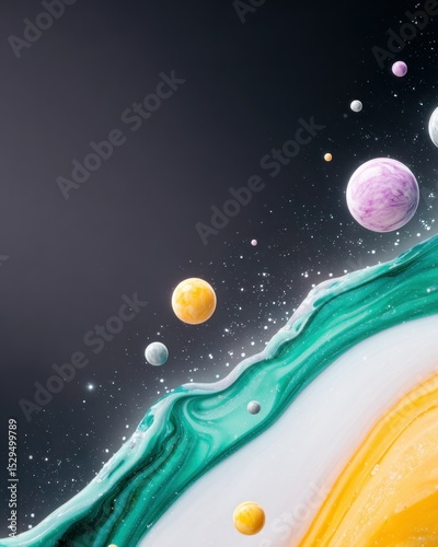 Abstract Space Background with Teal Orange and Purple Spheres