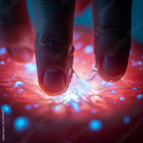 Close-up of Fingers Pressing into a Glow-in-the-Dark, Pinkish-Orange Slime or Gel, Causing it to Indent and Produce Blue and White Luminous Spots and Streaks