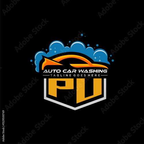 PU initial monogram for carwash with car clean image design vector