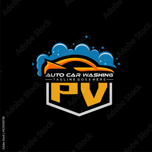 PV initial monogram for carwash with car clean image design vector