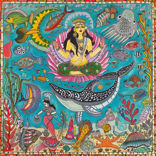 Vibrant Madhubani Painting of Varuna’s Underwater Kingdom with Seashell Throne, Colorful Whales, Dolphins, Tropical Fish & Intricate Coral Reef Art photo