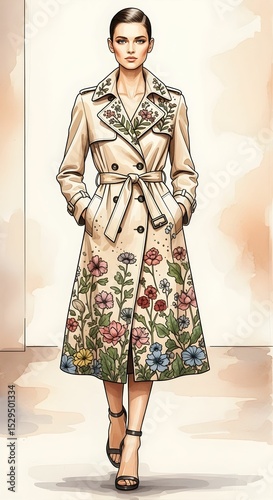 Watercolor Fashion Illustration of Woman in Floral Beige Trench Coat