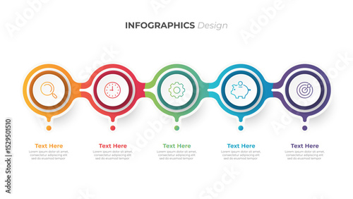 5 steps infographics design template. horizontal business process with circle icons. Ideal for presenting workflows, strategies, and progress.