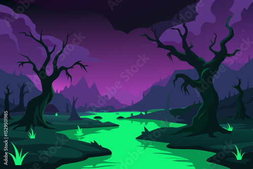 Spooky halloween swamp landscape with glowing river