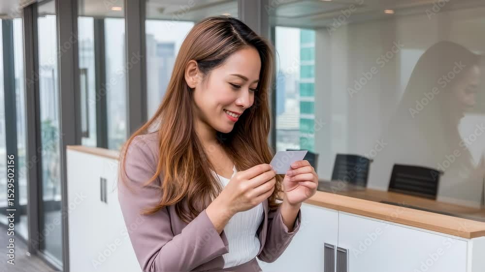 Woman holding business card while smiling in modern office environment Woman holding business card while smiling in modern office environment