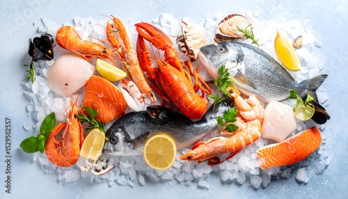 Fresh seafood assortment on ice with lemon and herbs display
